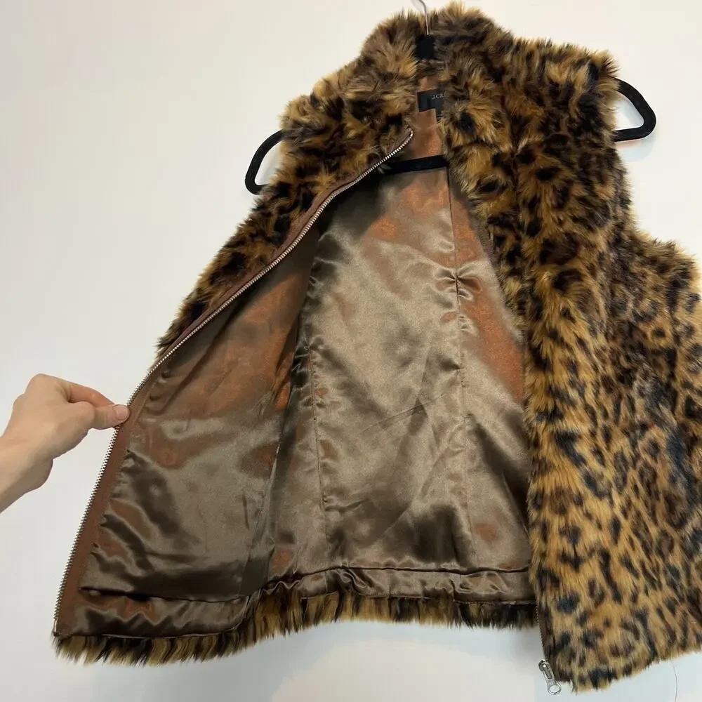 J. Crew Faux Fur Vest Womens XS Leopard Cheetah Animal Print indie sleeze y2k